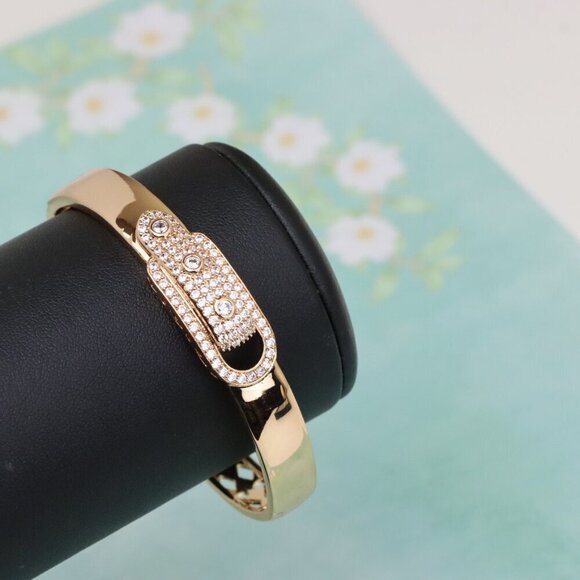 Elegant Rose Gold Safety Pin Style Bangle with Sparkling Stones, XPBL0525 - Picture 7 of 12